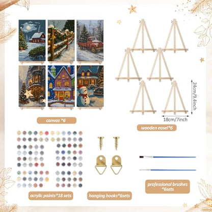 YooNotee 6 Pcs Winter Wonderland Paint by Numbers Kit for Adults 12x8 Inch Christmas Themed Canvas with Easel, DIY Oil Painting for Beginners, Home Wall Decor - style: Tree