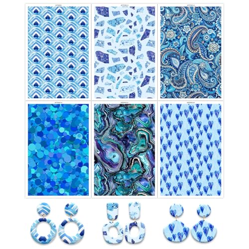 6 Pcs Transfer Paper for Polymer Clay, Blue Dots Fragment Hearts Paisley Print Pattern Clay Transfer Sheets, Water Soluble Polymer Clay Transfer Sheets Paper for DIY Jewelry Earrings Making 5.8"X3.9"
