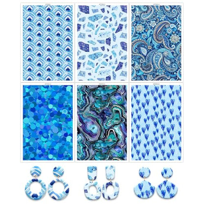 6 Pcs Transfer Paper for Polymer Clay, Blue Dots Fragment Hearts Paisley Print Pattern Clay Transfer Sheets, Water Soluble Polymer Clay Transfer Sheets Paper for DIY Jewelry Earrings Making 5.8"X3.9"