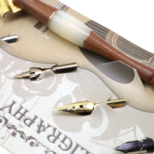 Wood Calligraphy Oblique Dip Pen Holder Set, Removable Nib Pen Handle with 5 Nibs for English Calligraphy Drawing Comic, Brown - color: Brown