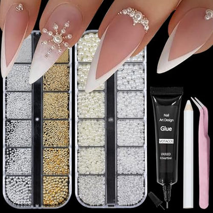 Nail Art Pearls with Nail Rhinestones Glue Gel Flatback Pearls Nail Charms Luxurious Nail Supplies Accessories Gold Silver Nail Gems Jewelry Pearls for Women Nail Design - color: Colorful-01