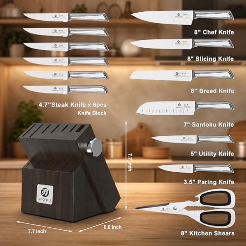 imarku 14-Piece Knife Set with Block, One Set for Meat, Fish, Veggies & Bread, Glides Through Every Cut, High Carbon Stainless Steel with Built-in Sharpener, Dishwasher Safe, utility knives - color: Black, size: 14 Pcs
