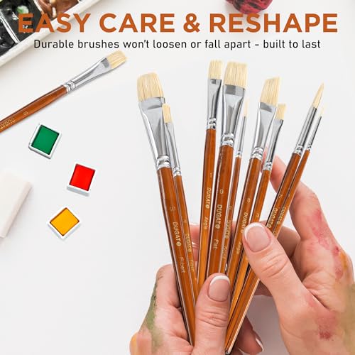 DUGATO Short Handle Artist Paint Brush Set, 10-Piece Hog Hair Bristle | Strong Paint Pickup for Acrylic & Oil Painting, Comfortable Wood Handle, Kids & Adults - color: Brown