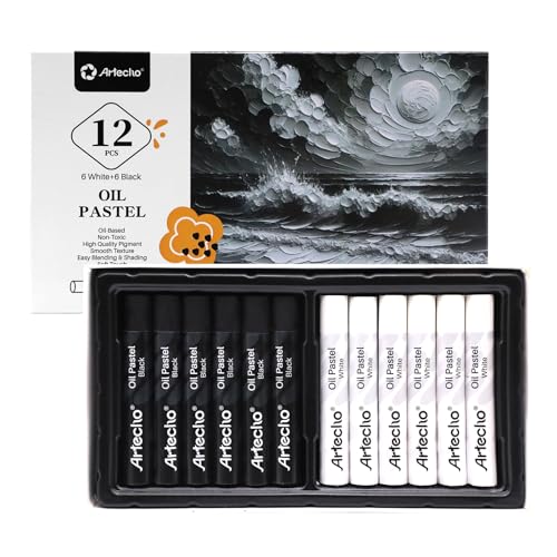 Artecho Oil Pastels Set of 12 PCS, 6 White and 6 Black (10 x 70 mm) | Crayons for Art Painting, Drawing, Blending - style: White and Black