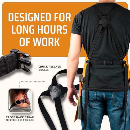 Asaya Chef and BBQ Apron with Bottle Opener and Hand Towel - 10oz Cotton Canvas, Stainless Steel Hardware - Cross Back Straps - color: Orange