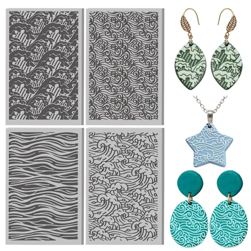 4 Sheets Ocean Waves Pattern Clay Texture Mat, 3.9x2.6in | 4 Styles Polymer Clay Texture Sheets with Ocean Wave Design. For Pottery, Earring, Jewelry and Stamp Engraving - style: Ocean