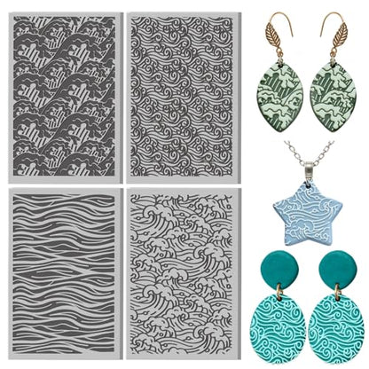 4 Sheets Ocean Waves Pattern Clay Texture Mat, 3.9x2.6in | 4 Styles Polymer Clay Texture Sheets with Ocean Wave Design. For Pottery, Earring, Jewelry and Stamp Engraving - style: Ocean