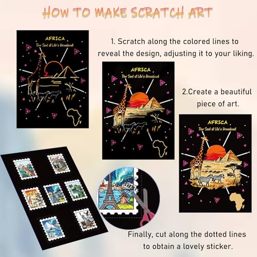 9-Piece Travel Scratch Art Collection, Black and Gold Artwork Sheets, 18.5 x 13.5 cm Scratch-Off Cards - style: Travel Stamp Collection