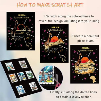 9-Piece Travel Scratch Art Collection, Black and Gold Artwork Sheets, 18.5 x 13.5 cm Scratch-Off Cards - style: Travel Stamp Collection