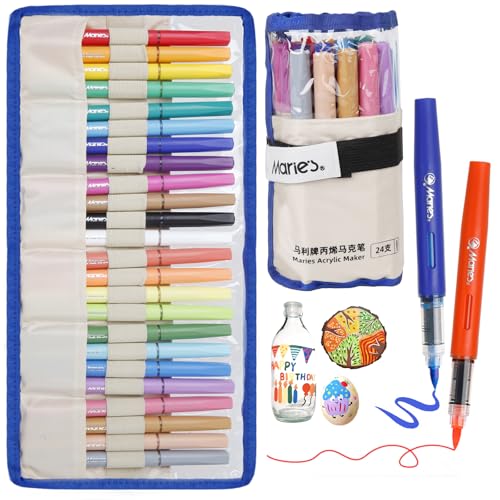 Marie's Acrylic Paint Markers, Water-Based Brush Tip Paint Pens, Clear Organizer Case, Numbered Caps & DIY Swatch Cover — Works on Rock, Wood, Glass, Ceramic, Canvas & Paper (24 Color) - color: 24 Color