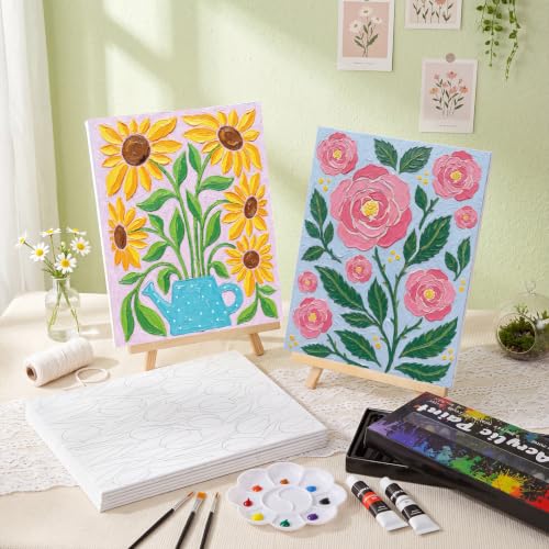 Cholemy 36 Pcs Paint and Sip Kit for Adults 8''x10'' Pre Drawn Canvas for Painting DIY Afro Acrylic Painting Kit Wood Easel Brushes Date Night Bulk for Summer 4th of July Party Gift(Fresh Flowers) - style: Fresh Flowers