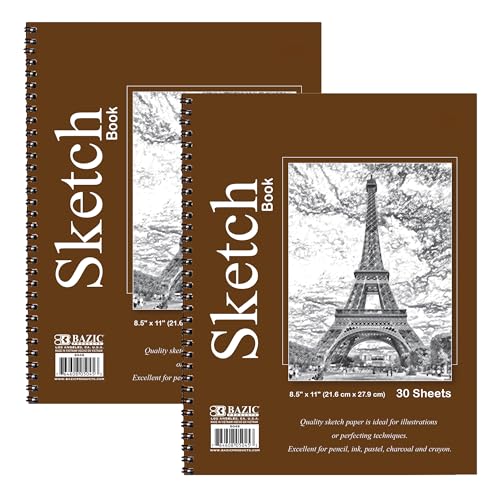 BAZIC Products Sketch Book, Side Bound, 8.5 x 11 in, 30 Sheets, 2-Pack | 30-sheet spiral sketch book, smooth drawing paper for sketching, shading - color: 30 Sheets - 8.5"x11", size: 2-Pack