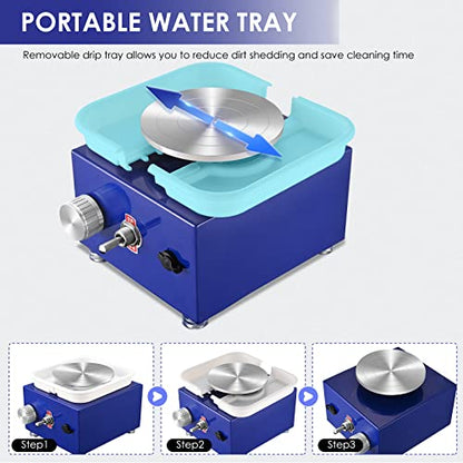 Mini Pottery Wheel Machine for Adults & Beginners, 2 Turntables (3.94" & 2.56") | 0-2000 RPM Adjustable Speed Pottery Machine Removable Splash Tray Ceramic Making Kit Includes 8 Sculpting Tools - color: Blue