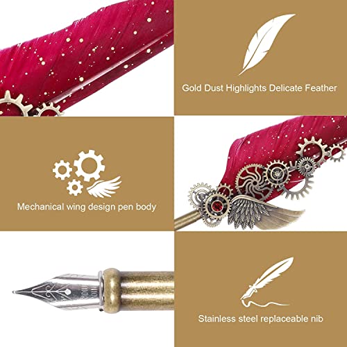 NC Feather Calligraphy Set, Quill Pen Ink Set Includes 5 Bottles of Ink and 6 Replaceable Stainless Steel Nibs, Calligraphy Pen for Writing, Writing Letters, Signing Invitations Etc (Red) - color: Wine Red