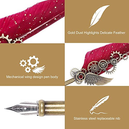 NC Feather Calligraphy Set, Quill Pen Ink Set Includes 5 Bottles of Ink and 6 Replaceable Stainless Steel Nibs, Calligraphy Pen for Writing, Writing Letters, Signing Invitations Etc (Red) - color: Wine Red