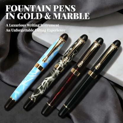 YUNCHUN Marble Fountain Pen for Writing, Refillable Luxury Metal Pens with Ink Pen with 10 Black and 10 Blue Ink Refills, Business Writing Fountain Pen for Men and Women, Marble Black & Red - color: Marble Black & Red