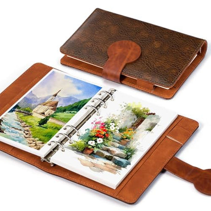 Lightwish Watercolor Sketchbook 100% Cotton, 300gsm (140lb) - 6.69" x 3.94" Hot Press Watercolor Paper Journal Notebook - 20 Sheets with PU Leather Cover for Drawing Mixed Media - color: brown