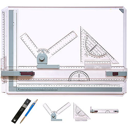 Frylr Metric A3 Drawing Board Drafting Table Multifunctional Drawing Board Table with Clear Rule Parallel Motion and Angle Adjustable Measuring System - size: Metric