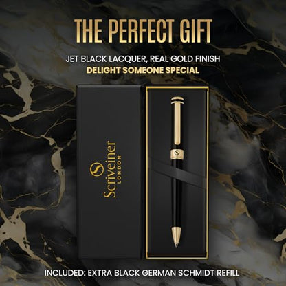 Scriveiner Black Lacquer Ballpoint Pen -Stunning Luxury Pen, Real Gold Plating, Schmidt Black Refill, Best Gift Set for Men & Women, Professional Executive Office, Nice Fancy Designer Pens - color: 1. Black with Gold
