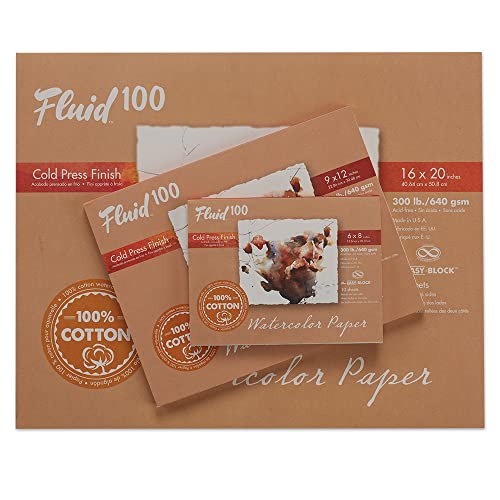 Fluid 100 Watercolor Paper Block, 16 x 20 inches, 10 Sheets, 300 lb (640 GSM) 100% Cotton Cold Press Pad for Artist Painting and Wet Media - size: 16 x 20 (300 lb)