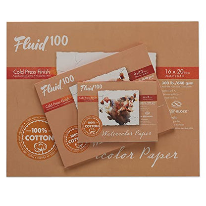 Fluid 100 Watercolor Paper Block, 16 x 20 inches, 10 Sheets, 300 lb (640 GSM) 100% Cotton Cold Press Pad for Artist Painting and Wet Media - size: 16 x 20 (300 lb)