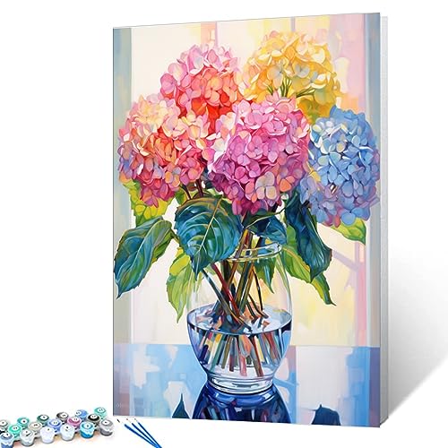 Tucocoo Hydrangea in Glass Vase Window Landscape Paint by Numbers for Adults Beautiful Flower DIY Paint by Numbers Acrylic Paint Canvas Colorful Flowers Painting Kits Art 16x20 Inch（DIY Frame） - color: Flower in Vase 04, size: 16''x20''(DIY Frame)