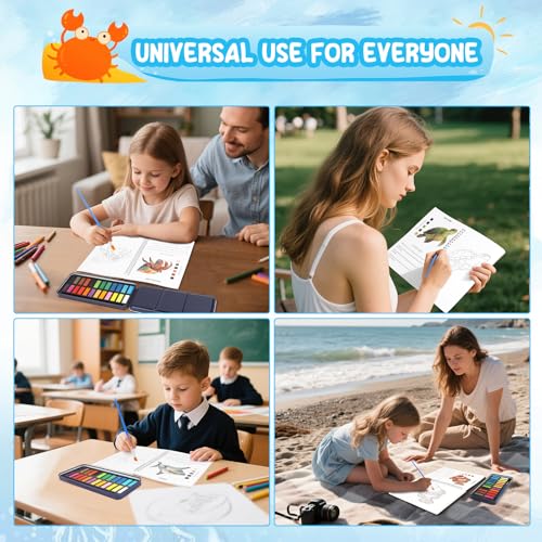 Watercolor Workbook, 24 Colors Solid Paint Set, Ocean Themed DIY Patterns, Anti-Bleed Paper, Beginner Friendly Art Kit For Adults