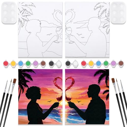 VOCHIC Sip and Paint Kit,Pre Drawn Canvas Couples Paint Party Kit Painting Art Set for Adults Date Night Sunset Beach 2 Pack (8 x 10 Inches, Wine Glass Couple) - size: 8x10, style: Wine Glass Couple