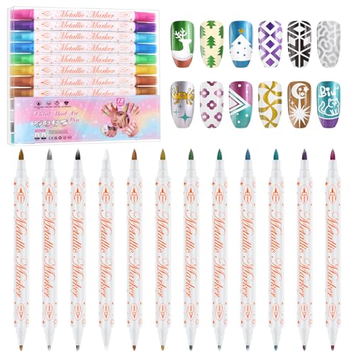 12 Colors 3D Nail Art Pens Set, Kalolary Double-headed Nail Point Graffiti Dotting Pen Quick Dry Long-last Acrylic Paint Markers for DIY Nail Art Design, Home & Salon Manicure Tools - color: P