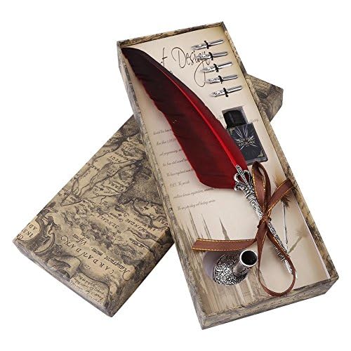 Quill Pen Set Set Antique Calligraphy Writing Antique Executive Gift Quill Pen for School+5 Replacement Nibs+Ink Bottle+ Pen Nib Base(Red)