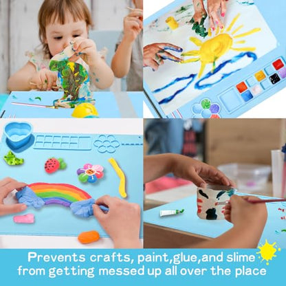 Silicone Painting Mat, 20"X16" Large Silicone Art Mat with Cup, Easy Clean Up, Protects Surfaces Perfectly for Paint, Color, Play with Clay/Play Dough (Blue) - color: Blue