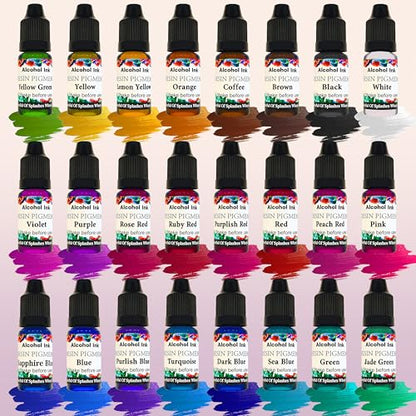 Alcohol Ink Set - 24 Colors Vibrant Colors High Concentrated Alcohol-Based Ink, Concentrated Epoxy Resin Paint Colour Dye Great for Resin Petri Dish, Coaster, Painting -10ml Each