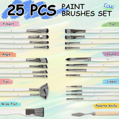 Paint Brushes Set of 25 Pcs with Scraper and Flat Brush, Wooden Handle Artist Painting Kit for Acrylic, Oil, Watercolor, Gouache, Include Canvas Cloth Bag (White) - color: White