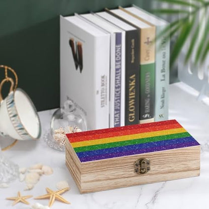 Rainbow Glitter Gay Pride Flag Jewelry Box Wooden Rustic Multi-Purpose Organizer with Front Clasp for Jewelry, Crafts, Accessories & Small Items - color: style-6