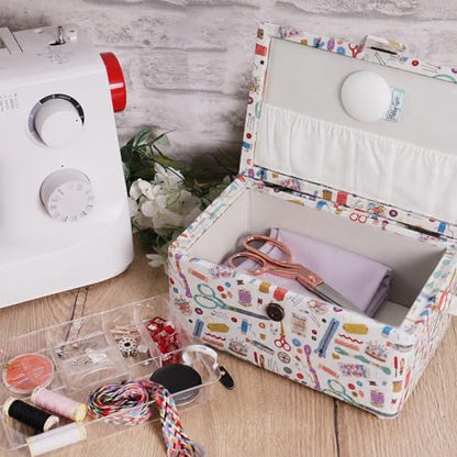 Hobby Gift Medium Sewing Box Organiser, Fabric Covered Storage Box with Handle, Internal Tray, Pin Cushion and Pocket for Sewing, Quilting and Knitting Supplies - color: Haby Notions