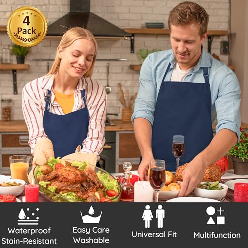 4 Pack Chef Apron, Waterproof Apron, Adjustable Apron with 2 Pockets for Men Women, Apron for Cooking Baking Restaurant (Polyester Blend, Navy Blue) - color: Navy Blue