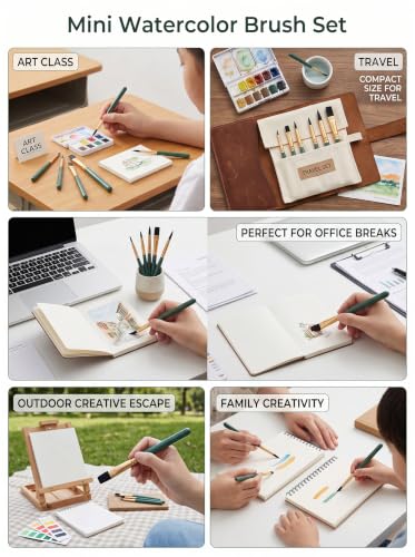 6-Piece Mini Travel Watercolor Brush Set–Flat & Round Paint Brushes Portable Tiny Brush for Watercolor, Oil, Acrylic Painting