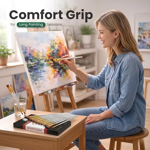 MyArtscape Paint Brush Set - 15 Short Handle Art Brushes for Gouache, Watercolor, Acrylic and Oil Painting - Premium Taklon Brushes - Fan, Filbert, Flat, Round, Shader, Angle and Bright
