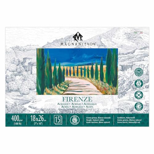 Magnani 1404 Firenze 100% Cotton Acrylic Paint Paper Pad, 7x10 188 lb. 15 Heavyweight Sheets, Rough Texture, Vegan Sizing, Natural White Acrylic Paper Pad for Acrylic, Gouache, Ink & Watercolor - size: 7x10"