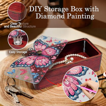 Diamond Art Painting Storage Box Kit, DIY Rectangular Wooden Decorative Container Holder with Lid, Snack Jewelry Gem Art Organizer Case for Adults (Butterfly) - style: Butterfly