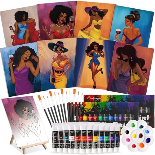 Cholemy 36 Pcs Paint and Sip Kit for Adults 8''x10'' Pre Drawn Canvas for Painting DIY Afro Acrylic Painting Kit Wood Easel Brushes Date Night Bulk for Summer 4th of July Party Gift(Charming Lady) - style: Charming Lady