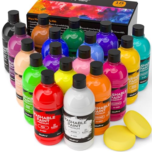 Nicpro 18 Colors Large Washable Paint Set for Kid (8.45oz), Teacher Classroom Must Haves, Acrylic Bulk Paint Supplies Non Toxic Tempera Paint for Art, Craft DIY, Poster & Finger Paint, School, Home - color: 18 Colors, size: 8.4 Fl Oz (Pack of 18)