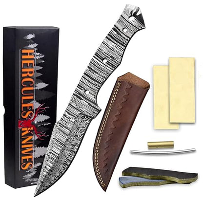 Custom Hand Forged Damascus Steel Blank Blade Knife Making Kit Leather sheath, Pins, Scales, Damascus Blade Billet Knife Making Supply (BK-G) - color: BK-G