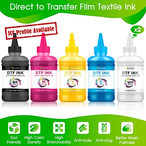 CenDale Premium DTF Ink 1500ML - DTF Transfer Ink for PET Film, Refill DTF Ink for Epson ET-8550, L1800, L800, R2400, P400, P800, XP15000, Heat Transfer Printing Direct to Film (250ml x 6, CMYK Wh) - color: 2 White,CMYK, style: DTF Ink