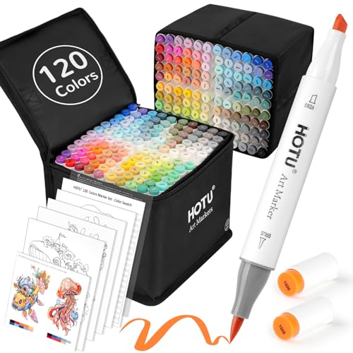 HOTU 120 Colors Alcohol Markers, Artist Dual Tip (Brush & Chisel) Sketch Pens, Professional Art Markers Set for Adult Coloring Illustration, with Coloring Cards and Non-Bleeding Pad - color: 120 Colors