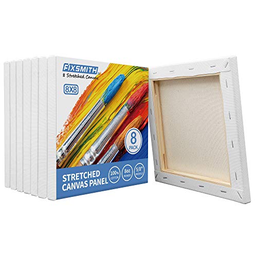 FIXSMITH Stretched White Blank Canvas- 8x8 Inch,8 Pack,Primed,100% Cotton,5/8 Inch Profile of Super Value Pack for Acrylics,Oils & Other Painting Media. - size: 8"x8"-8Pack