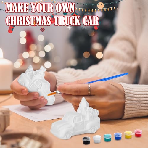 JellyArch 6 Set Christmas DIY Painting Kit Ceramic 3D Ceramic Truck to Paint Your Own Truck with Snowman Reindeer Claus Statues Unpainted Plaster Craft with Brush Paint Bag for Adult - style: Christmas