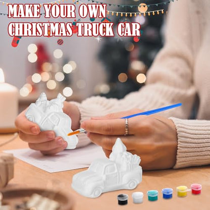 JellyArch 6 Set Christmas DIY Painting Kit Ceramic 3D Ceramic Truck to Paint Your Own Truck with Snowman Reindeer Claus Statues Unpainted Plaster Craft with Brush Paint Bag for Adult - style: Christmas