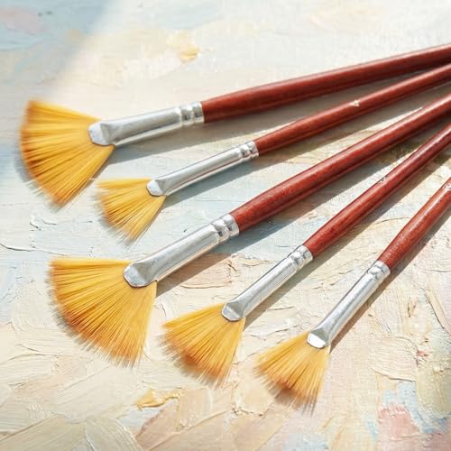 Fan Paint Brush Set, 6 Pcs Nylon Hair Acrylic Paint Brushes Artist Brush with Wooden Handle for Acrylic, Oil, Watercolor, Gouache, Face, Nail, Rock Painting