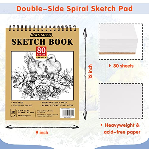 FIXSMITH 9"X12" Sketch Book | 160 Sheets (68 lb/100gsm) | 2 Pack Sketchbooks | Top Spiral Bound Artist Sketch Pad | Acid Free Drawing Pad | Ideal for Kids,Beginners,Artists &Painters | Bright White - color: Tan, size: 9"x12"-2 Pack